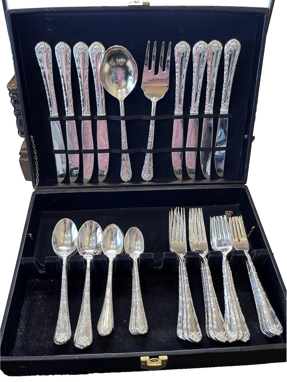 WM Roger Enchanted Set Rose Vintage Silverplate by IS Service for 8, with 42 pcs